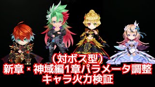 【白猫】（対ボス型）新章・神域編1章パラメータ調整火力検証　ナナシ＝赤髪の解放者・槍ダグラス・新章双剣シャルロット・杖混合エレノア